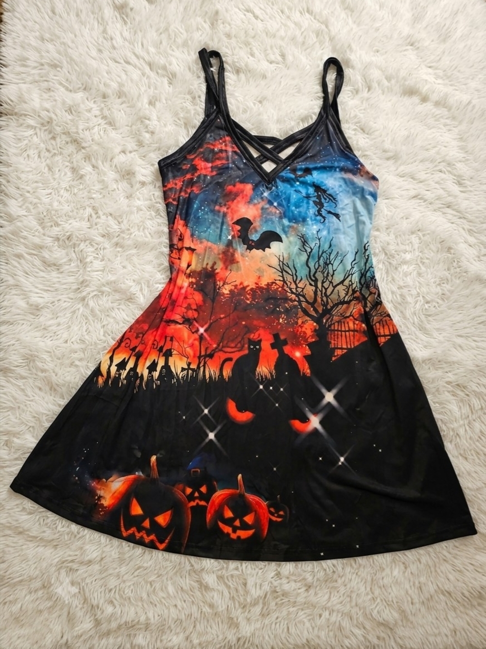 Halloween Night Sleeveless Dress with Strappy V-Neck